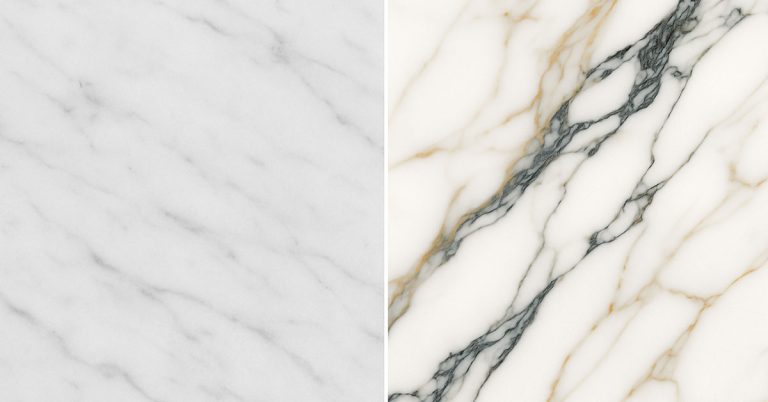 Calacatta marble vs Carrara side-by-side comparison showing Carrara marble with subtle gray veining on left and Calacatta marble with bold gold and gray veining on right