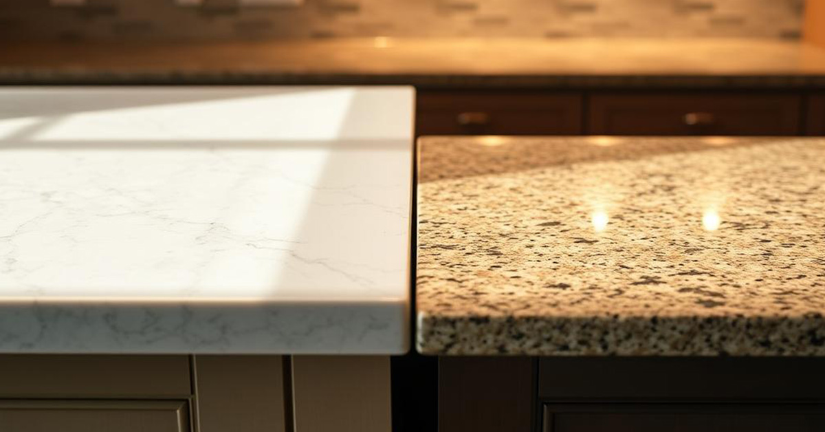 Kitchen countertop comparison showing difference between granite and quartzite - white quartzite surface on left versus speckled granite countertop on right in modern kitchen