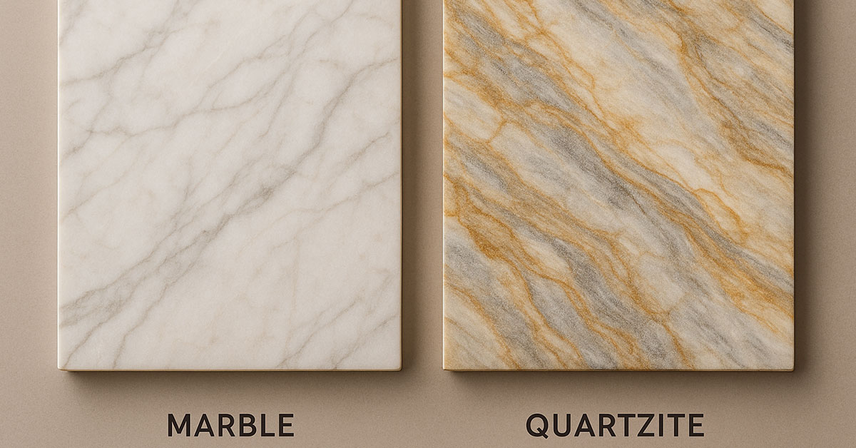 Side-by-side comparison of quartzite and marble stone slabs highlighting differences in color, veining, and texture for the keyword quartzite vs marble.