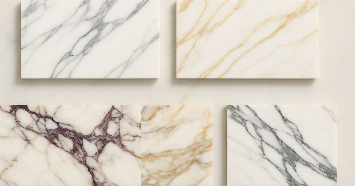 Different types of Calacatta marble showcased in complete guide featuring Borghini with gray veining, Gold with golden tones, and Viola with purple veining patterns
