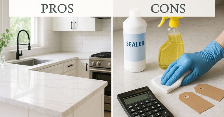 Quartzite pros and cons comparison showing beautiful natural stone kitchen countertops versus maintenance requirements and cost considerations