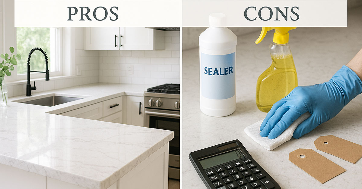 Quartzite pros and cons comparison showing beautiful natural stone kitchen countertops versus maintenance requirements and cost considerations