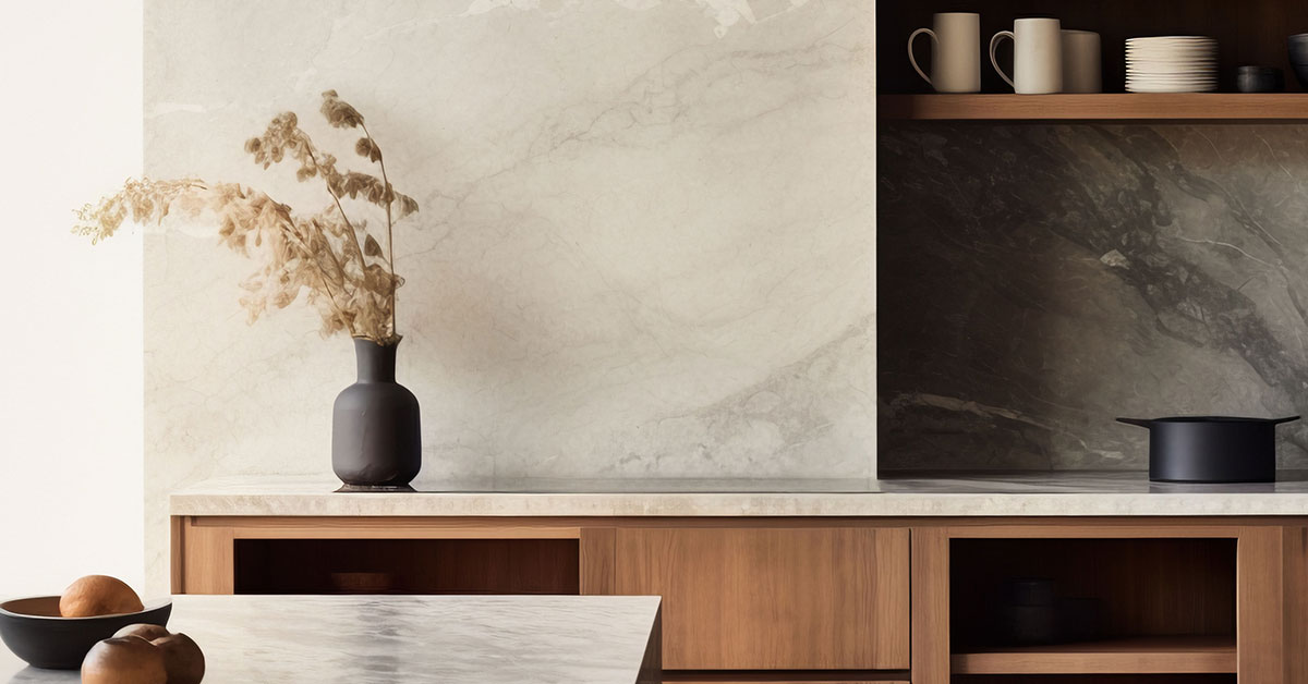 Minimalist natural stone for walls in kitchen featuring light travertine backsplash with subtle veining, warm wood cabinetry, and contemporary design elements