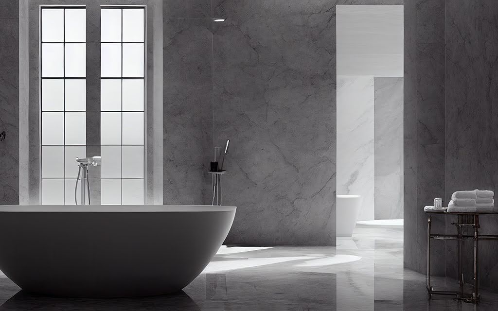 Luxury bathroom featuring marble wall cladding and flooring with gray veining, freestanding bathtub, and modern minimalist design