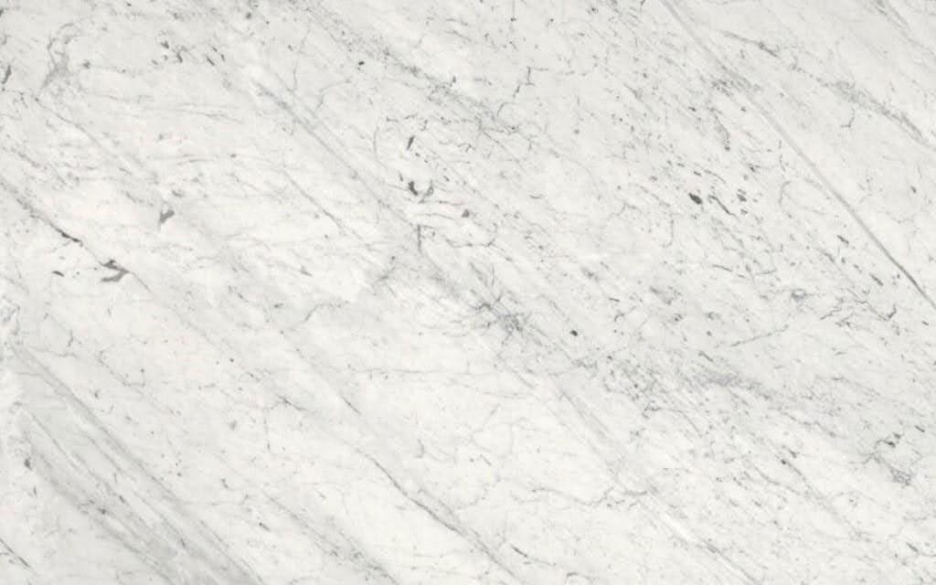Close-up of Carrara marble showing fine feathery gray veining on soft white background with delicate linear patterns