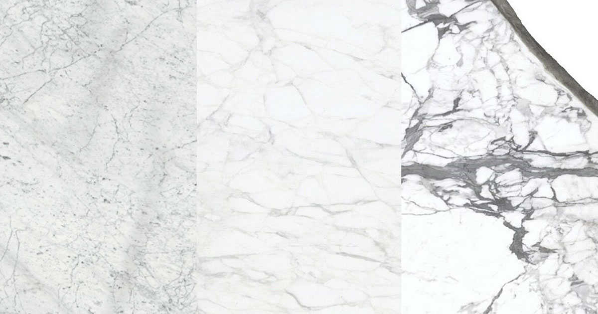 Carrara vs Calacatta vs Statuario marble comparison showing the three Italian marble types side by side with visible differences in white background color and gray veining patterns