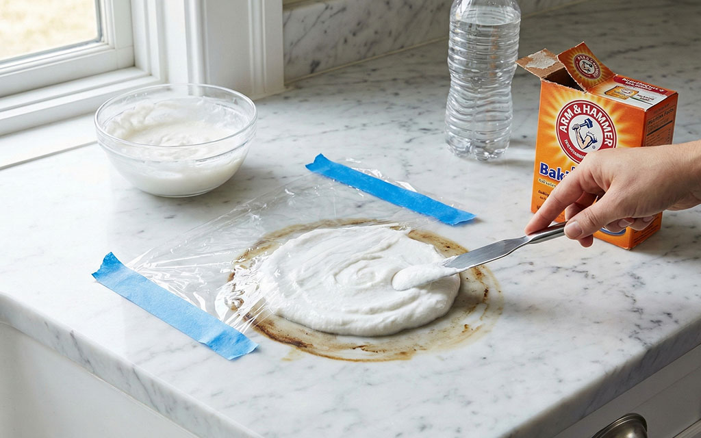 Applying baking soda and water poultice to oil stain on marble countertop