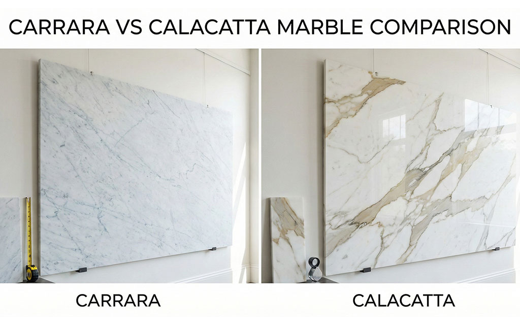 Carrara and Calacatta marble countertops side by side showing difference in veining patterns