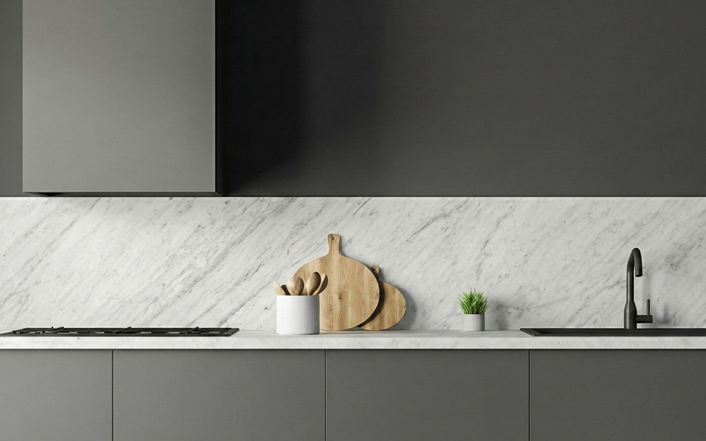 Carrara marble backsplash in modern kitchen with gray cabinetry showing fine gray veining and soft white background