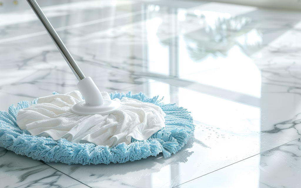 Soft microfiber mop cleaning marble floor with pH-neutral solution