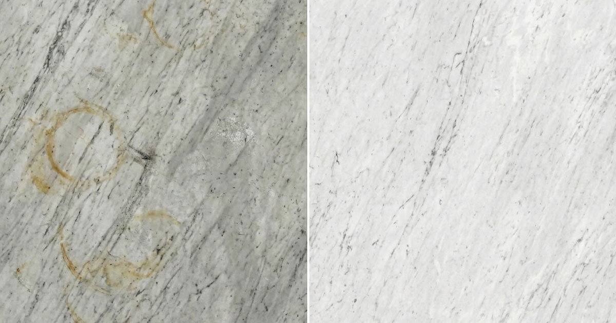 Before and after cleaning Carrara marble showing stain removal results using proper pH-neutral cleaning methods