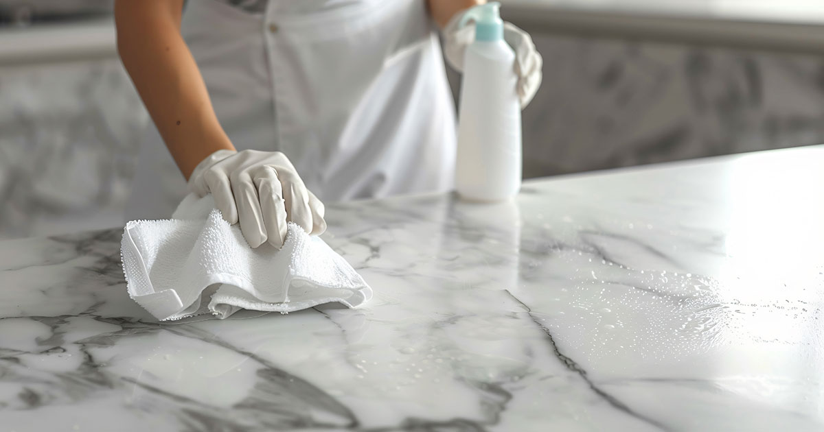 Person wearing gloves cleaning marble countertop with microfiber cloth and spray bottle