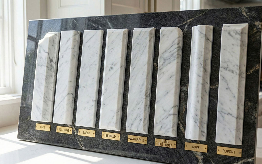 Marble countertop edge profile options including ogee, bullnose, eased, beveled, waterfall, and dupont styles