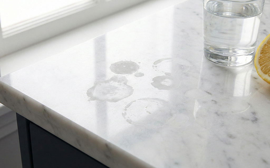 Water ring etch marks on white marble countertop showing dull spots from acid exposure