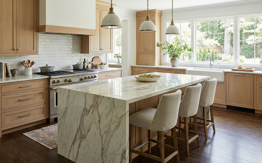 White marble countertops with waterfall edge on kitchen island in transitional style kitchen