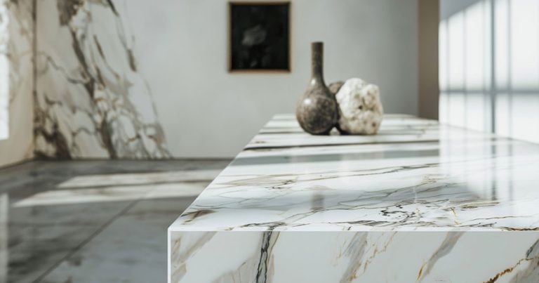 White marble countertops with gold veining in modern minimalist kitchen interior