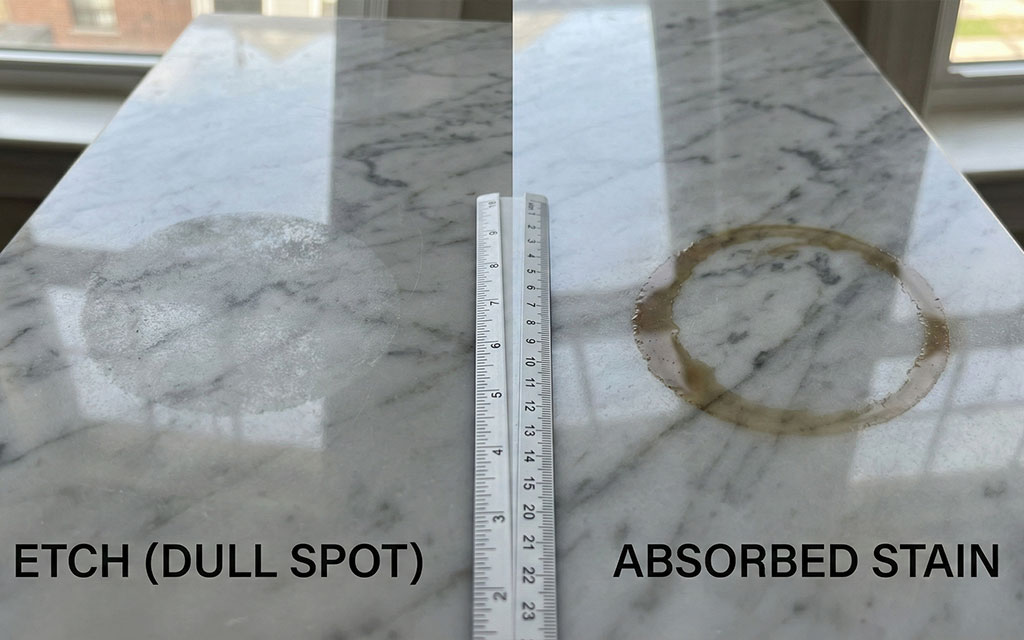Comparison showing dull etch mark versus absorbed stain on marble surface