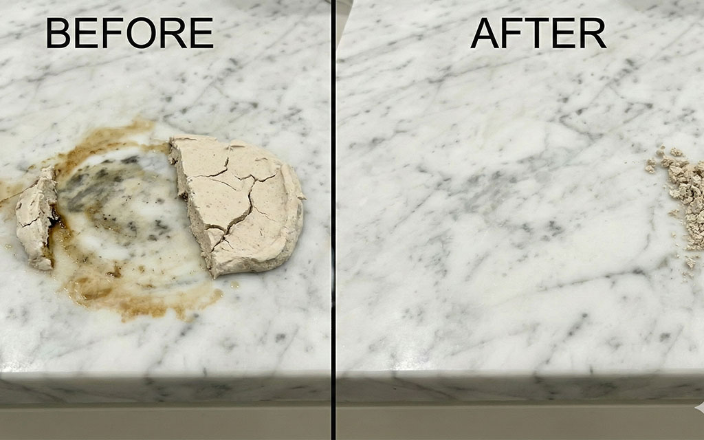 Before and after comparison showing successful marble stain removal using poultice method