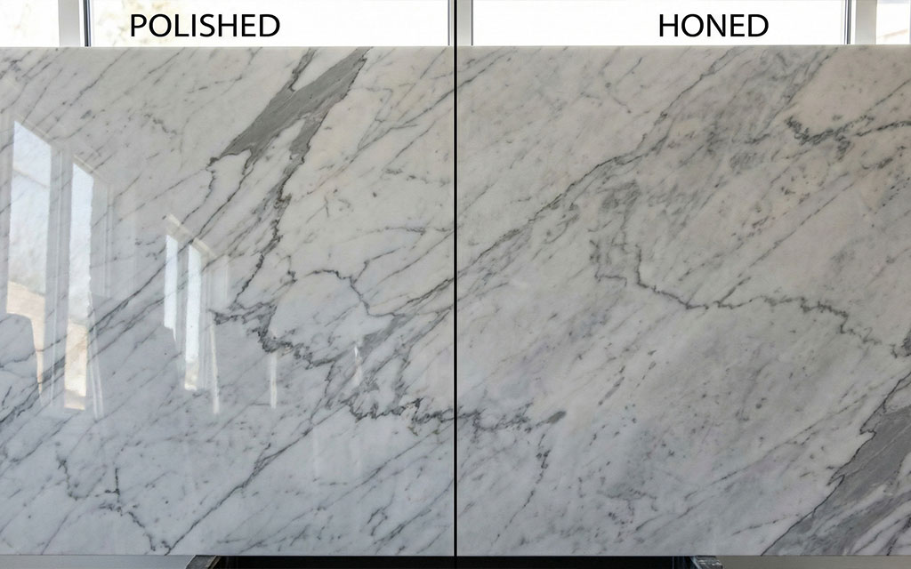 Polished versus honed marble countertop finish showing difference in reflectivity and surface appearance