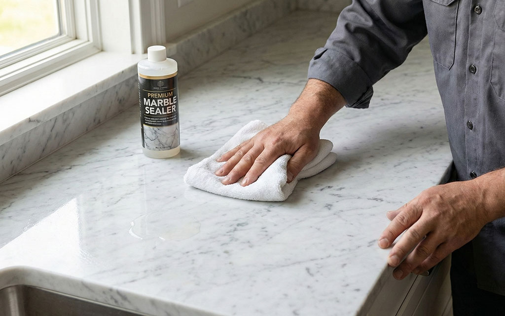 Applying penetrating sealer to marble countertop with cloth for protection and maintenance
