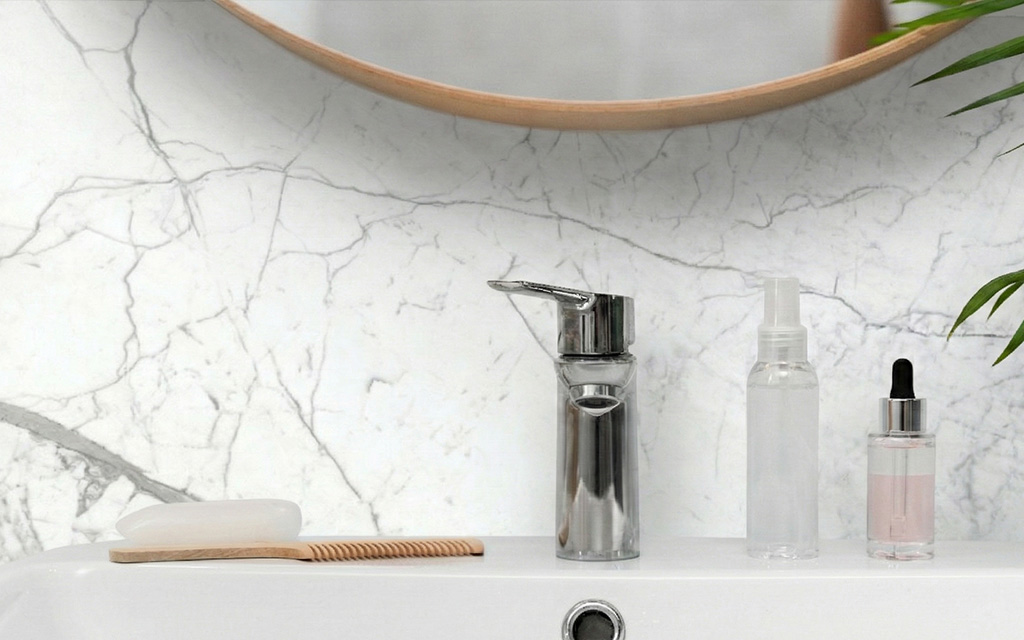 Statuario marble bathroom backsplash with gray veining above white vanity sink showing luxury natural stone in residential bathroom