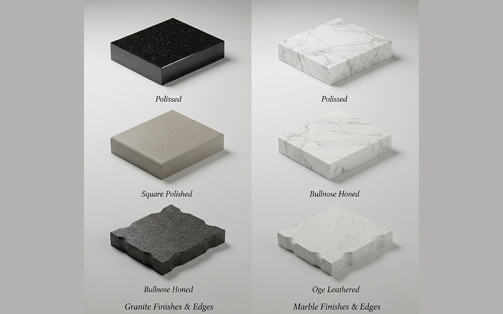 Granite and marble countertop edge profile options showing standard square, bullnose, and ogee styles with cost differences