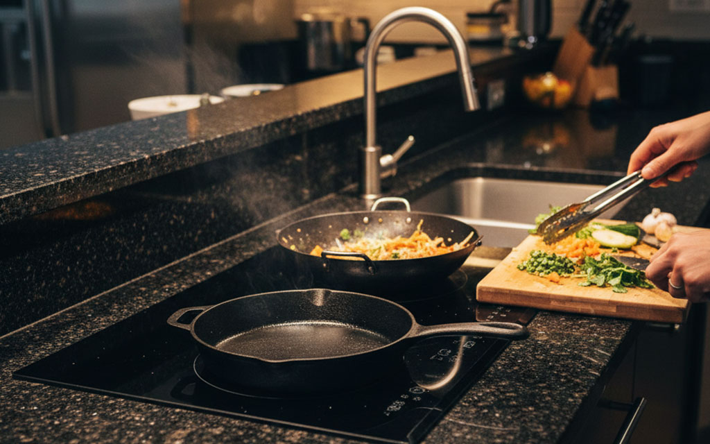 Granite countertops in busy kitchen showing heat and scratch resistance during daily cooking use