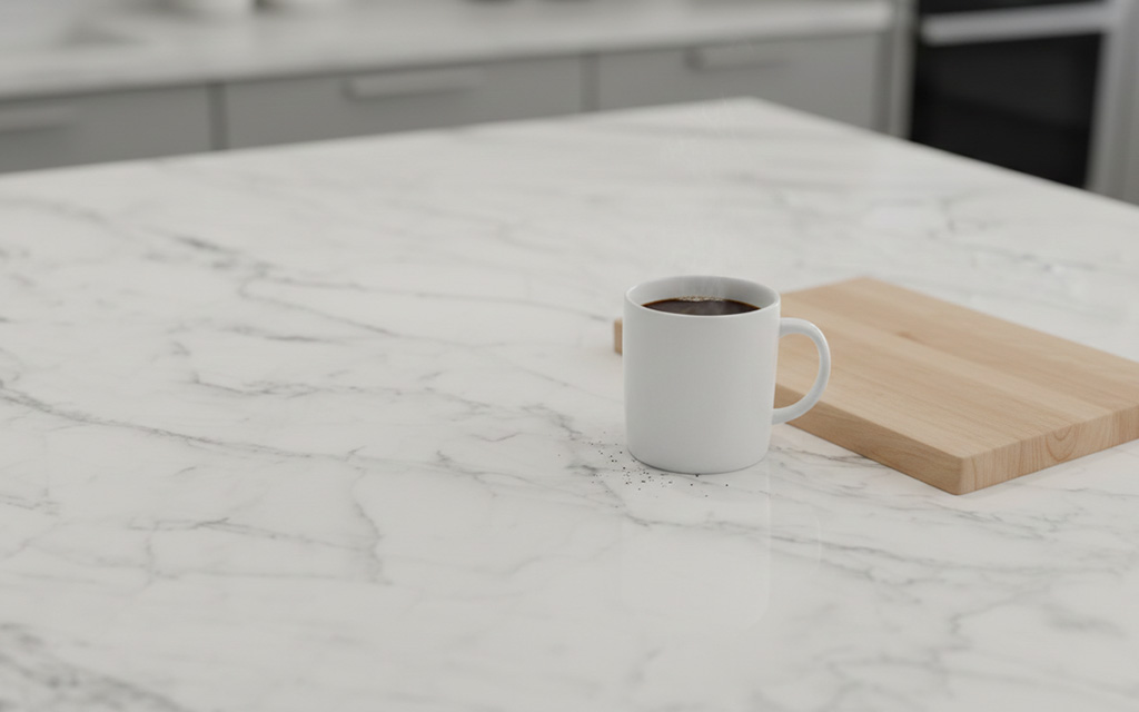 Calacatta marble countertop showing soft gray veining and white background typical of mid-range marble slabs