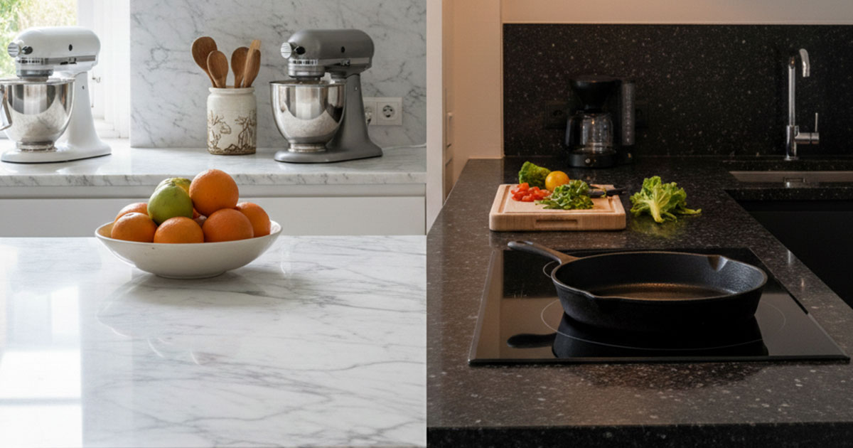 Marble vs granite countertops side by side comparison in modern kitchen